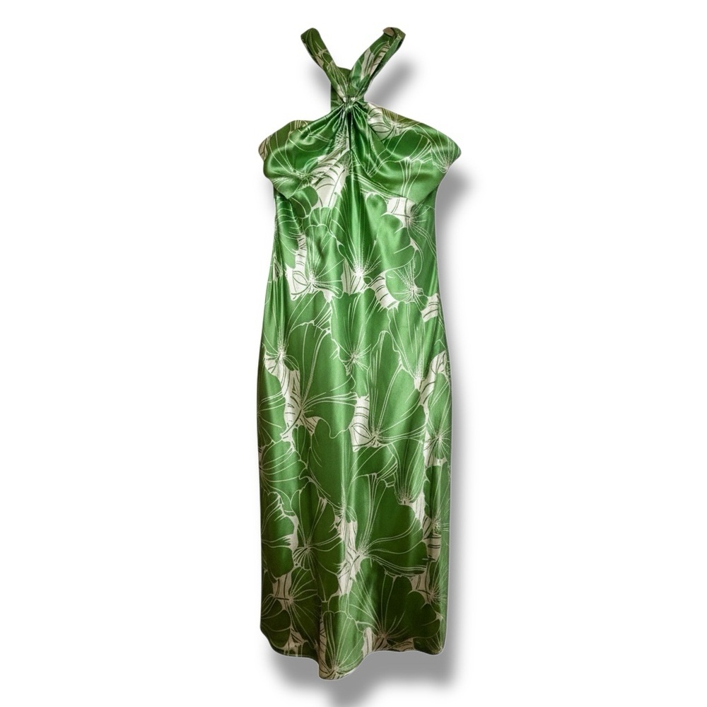 LOFT Green & White Halter Dress Floral Print Satin Silk Midi Dress Party Dress 2